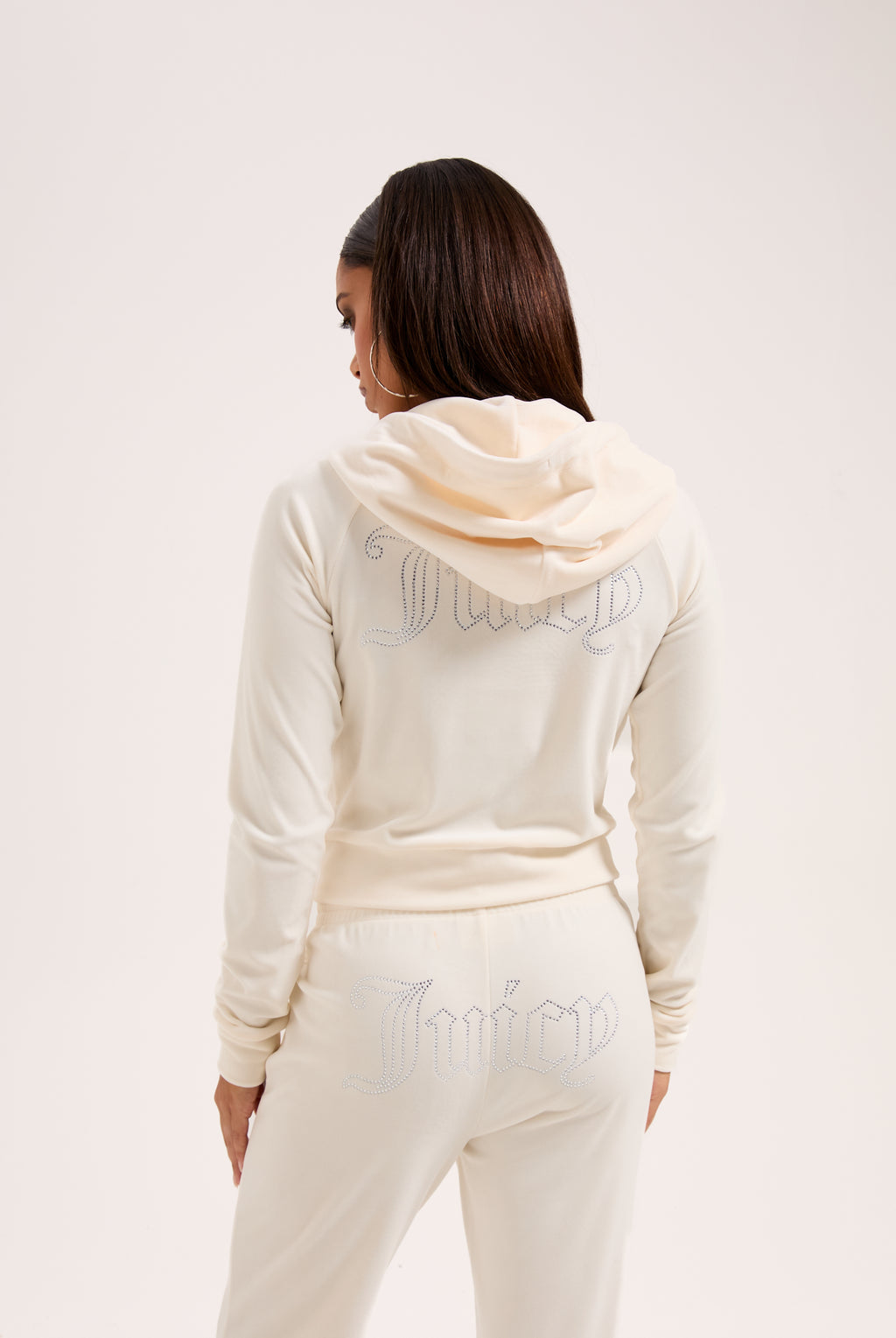 CREAM OUTLINE DIAMANTÉ VELOUR ZIP-THROUGH HOODIE