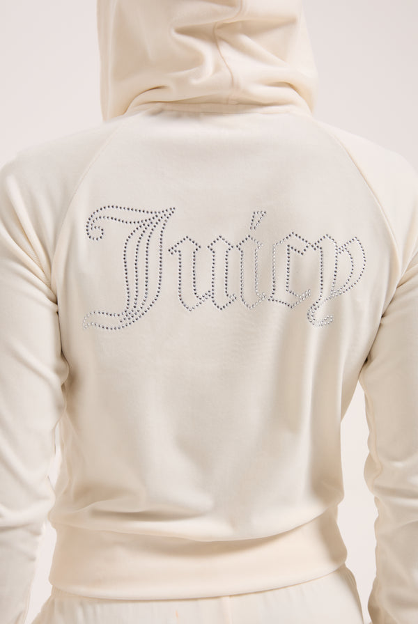 CREAM OUTLINE DIAMANTÉ VELOUR ZIP-THROUGH HOODIE