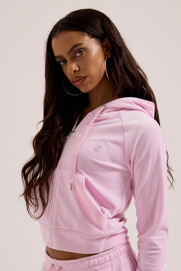 CHERRY BLOSSOM OUTLINE DIAMANTÉ VELOUR ZIP-THROUGH HOODIE