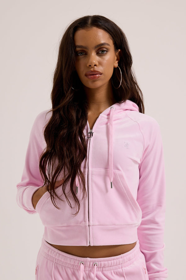CHERRY BLOSSOM OUTLINE DIAMANTÉ VELOUR ZIP-THROUGH HOODIE