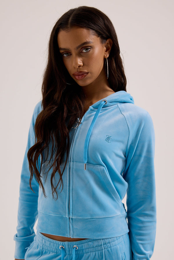 SKY BLUE OUTLINE DIAMANTÉ VELOUR ZIP-THROUGH HOODIE