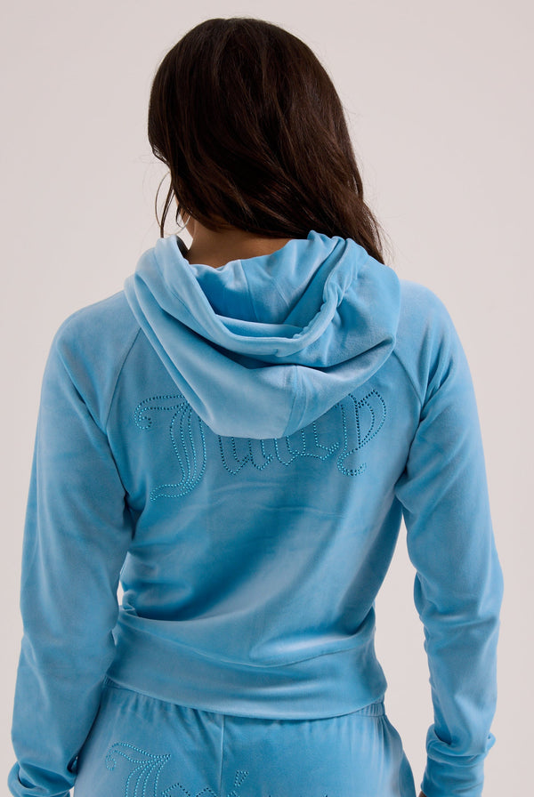 SKY BLUE OUTLINE DIAMANTÉ VELOUR ZIP-THROUGH HOODIE