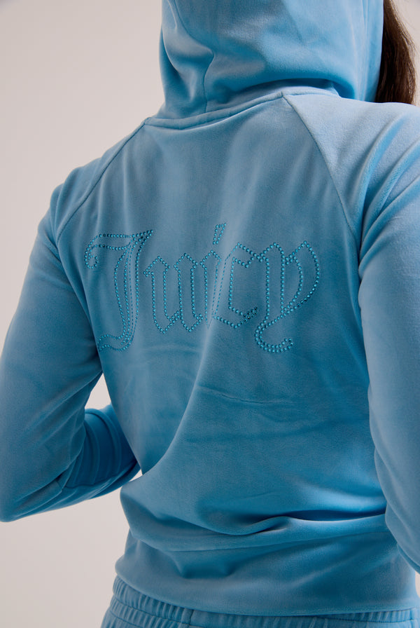 SKY BLUE OUTLINE DIAMANTÉ VELOUR ZIP-THROUGH HOODIE