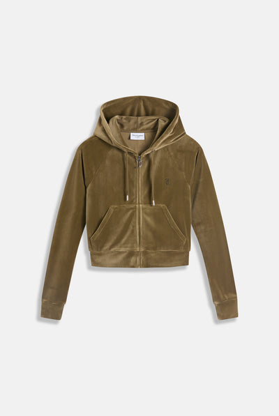 DARK OLIVE DIAMANTÉ VELOUR ZIP-THROUGH HOODIE