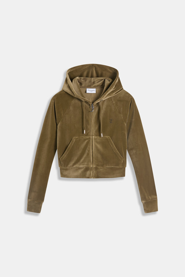 DARK OLIVE DIAMANTÉ VELOUR ZIP-THROUGH HOODIE