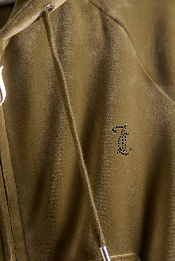 DARK OLIVE DIAMANTÉ VELOUR ZIP-THROUGH HOODIE