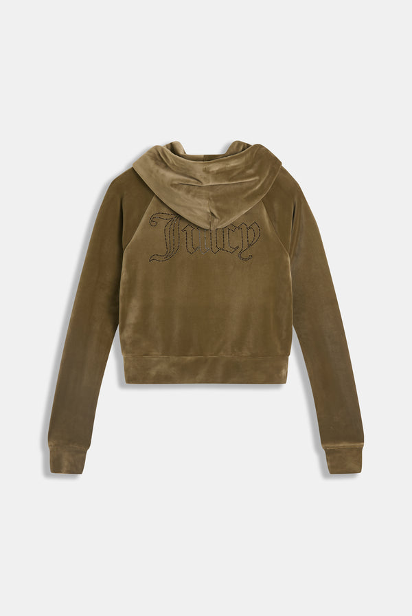 DARK OLIVE DIAMANTÉ VELOUR ZIP-THROUGH HOODIE