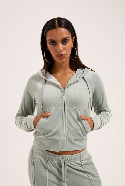 PURITAN GREY DIAMANTÉ VELOUR ZIP-THROUGH HOODIE