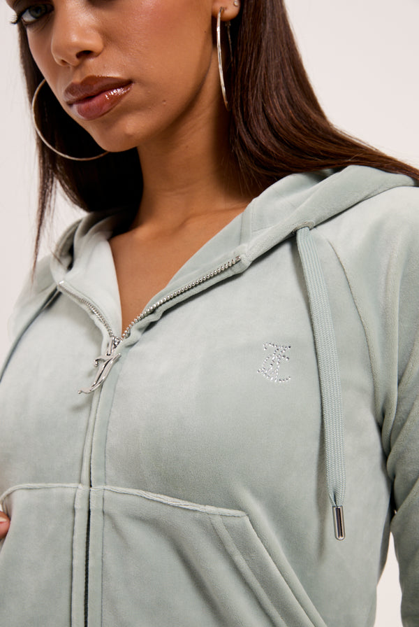 PURITAN GREY DIAMANTÉ VELOUR ZIP-THROUGH HOODIE