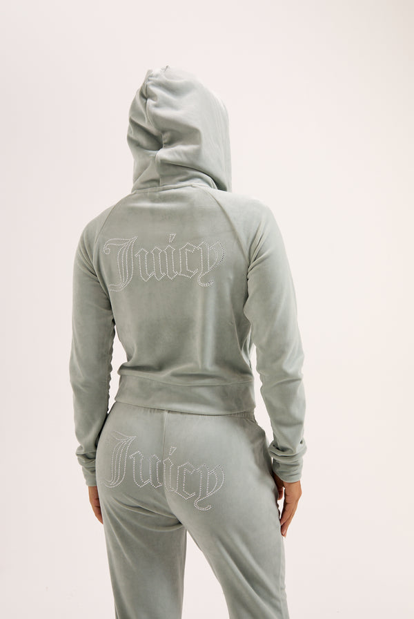 PURITAN GREY DIAMANTÉ VELOUR ZIP-THROUGH HOODIE