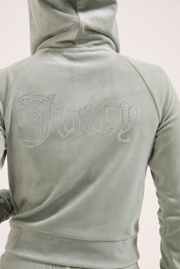 PURITAN GREY DIAMANTÉ VELOUR ZIP-THROUGH HOODIE
