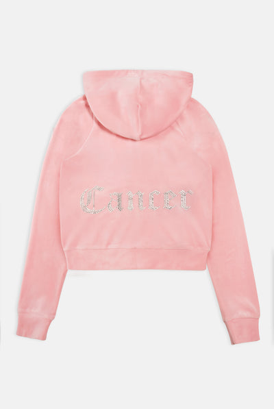 CANCER' CANDY PINK DIAMANTÉ VELOUR ZIP-THROUGH HOODIE