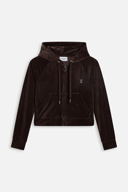Displays the Java 'Juicy' branded Diamanté Velour Zip-Through Hoodie