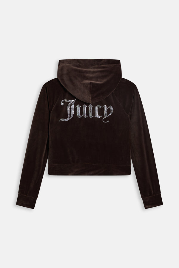 Displays the Java 'Juicy' branded Diamanté Velour Zip-Through Hoodie