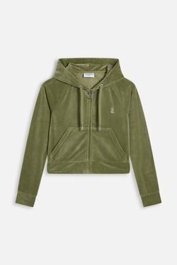 Displays the Oil Green 'Juicy' branded Diamanté Velour Zip-Through Hoodie