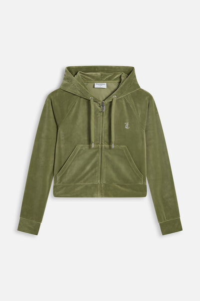 Oil Green Diamanté Velour Zip-Through Hoodie