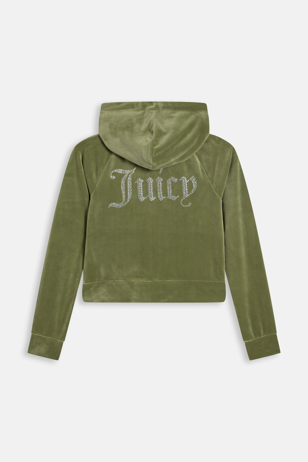 Displays the Oil Green 'Juicy' branded Diamanté Velour Zip-Through Hoodie