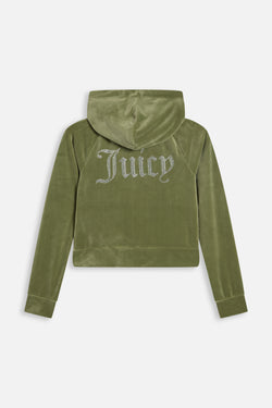 Displays the Oil Green 'Juicy' branded Diamanté Velour Zip-Through Hoodie
