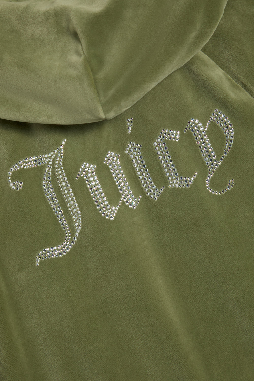 Displays the Oil Green 'Juicy' branded Diamanté Velour Zip-Through Hoodie featuring the juicy branding
