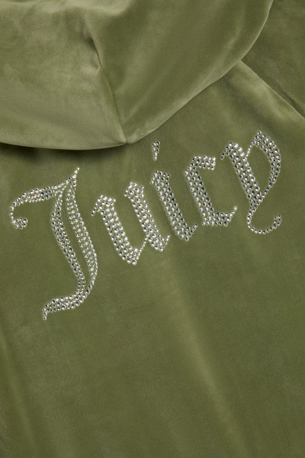 Displays the Oil Green 'Juicy' branded Diamanté Velour Zip-Through Hoodie featuring the juicy branding