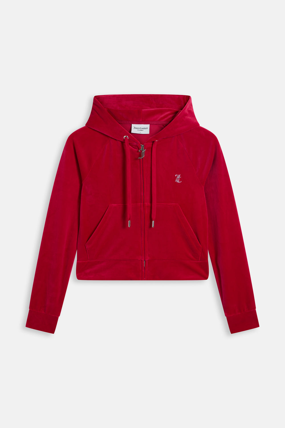 Displays the Persian Red 'Juicy' branded Diamanté Velour Zip-Through Hoodie