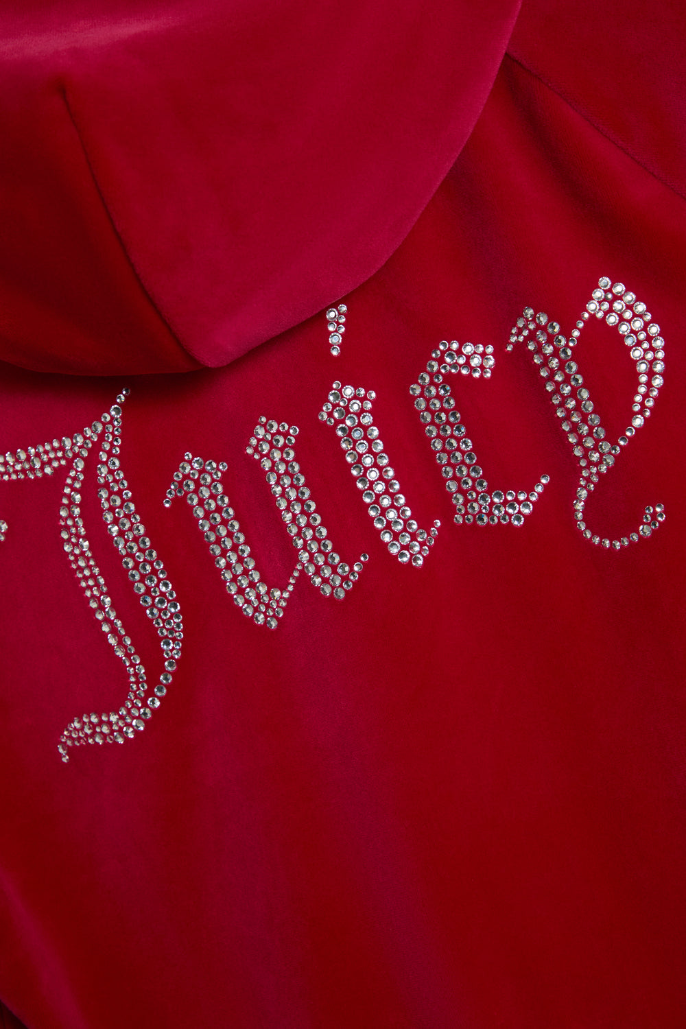 Displays the Persian Red 'Juicy' branded Diamanté Velour Zip-Through Hoodie featuring the juicy branding