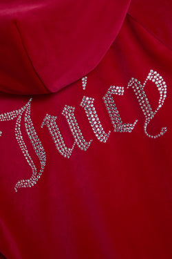 Displays the Persian Red 'Juicy' branded Diamanté Velour Zip-Through Hoodie featuring the juicy branding