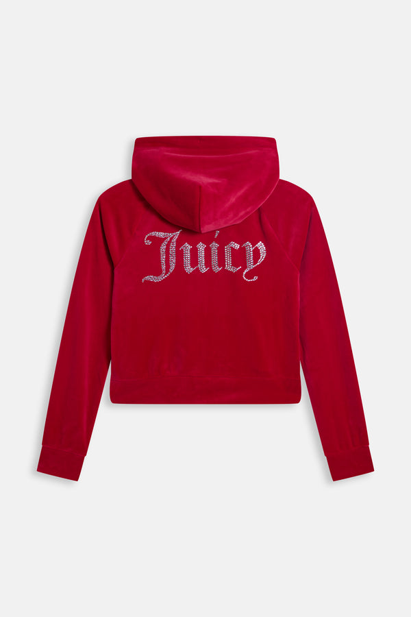 Displays the Persian Red 'Juicy' branded Diamanté Velour Zip-Through Hoodie