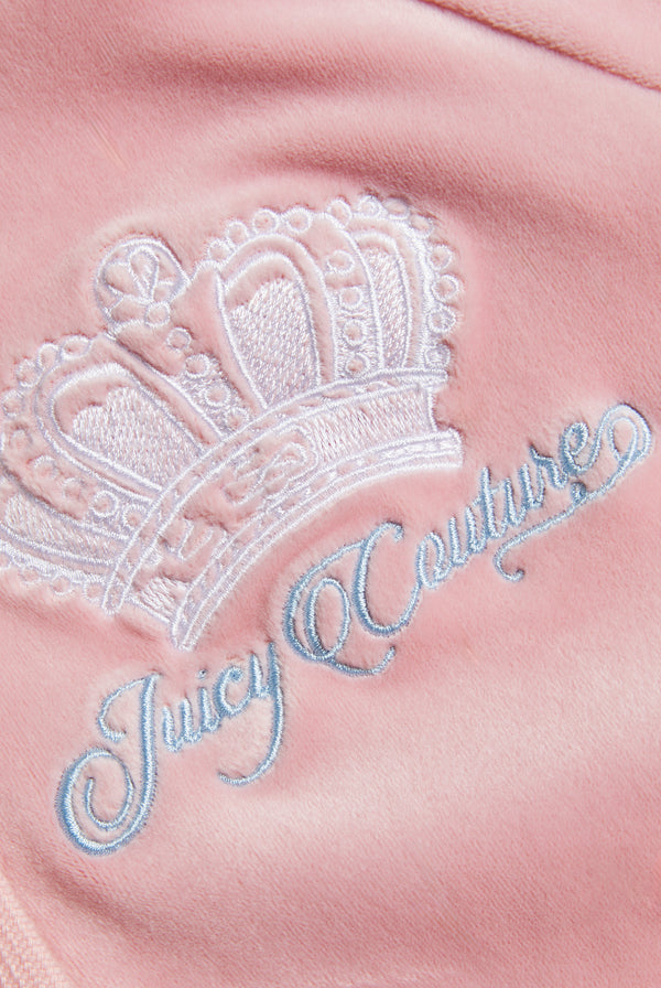 CANDY PINK CROWN EMBROIDERED VELOUR ZIP-THROUGH HOODIE