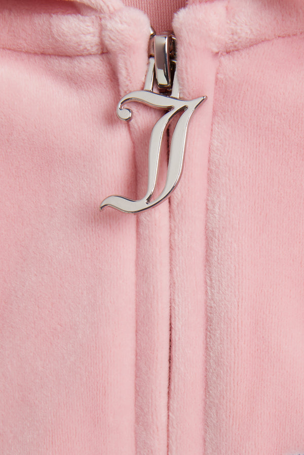 CANDY PINK CROWN EMBROIDERED VELOUR ZIP-THROUGH HOODIE