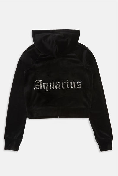 AQUARIUS' BLACK DIAMANTÉ VELOUR ZIP-THROUGH HOODIE