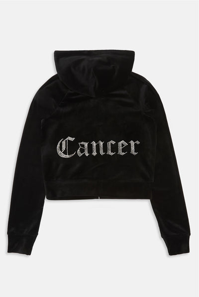 CANCER' BLACK DIAMANTÉ VELOUR ZIP-THROUGH HOODIE