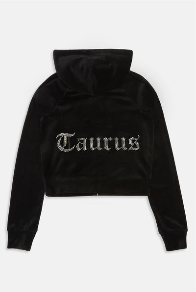 TAURUS' BLACK DIAMANTÉ VELOUR ZIP-THROUGH HOODIE