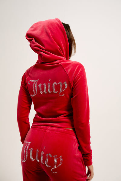 ASTOR RED DIAMANTÉ VELOUR ZIP-THROUGH HOODIE