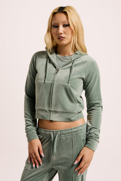 CHINOIS GREEN DIAMANTÉ VELOUR ZIP-THROUGH HOODIE