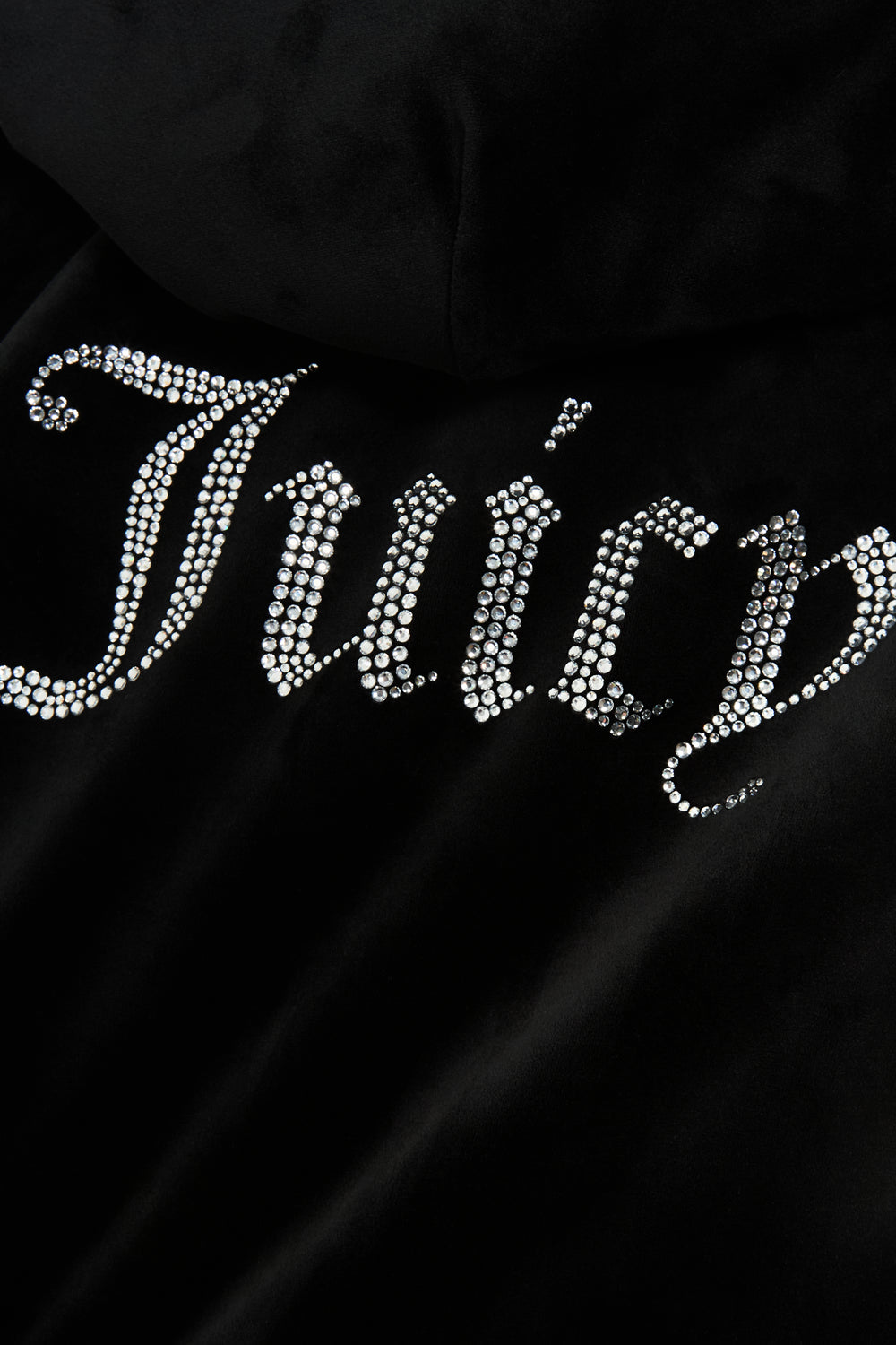 Displays the Black velour hoodie featuring the Juicy branding 