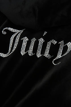 Displays the Black velour hoodie featuring the Juicy branding 