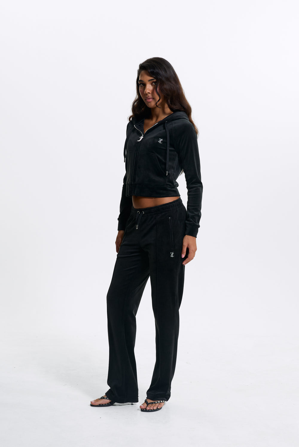 BLACK VELOUR DIAMANTÉ TRACKSUIT BOTTOM