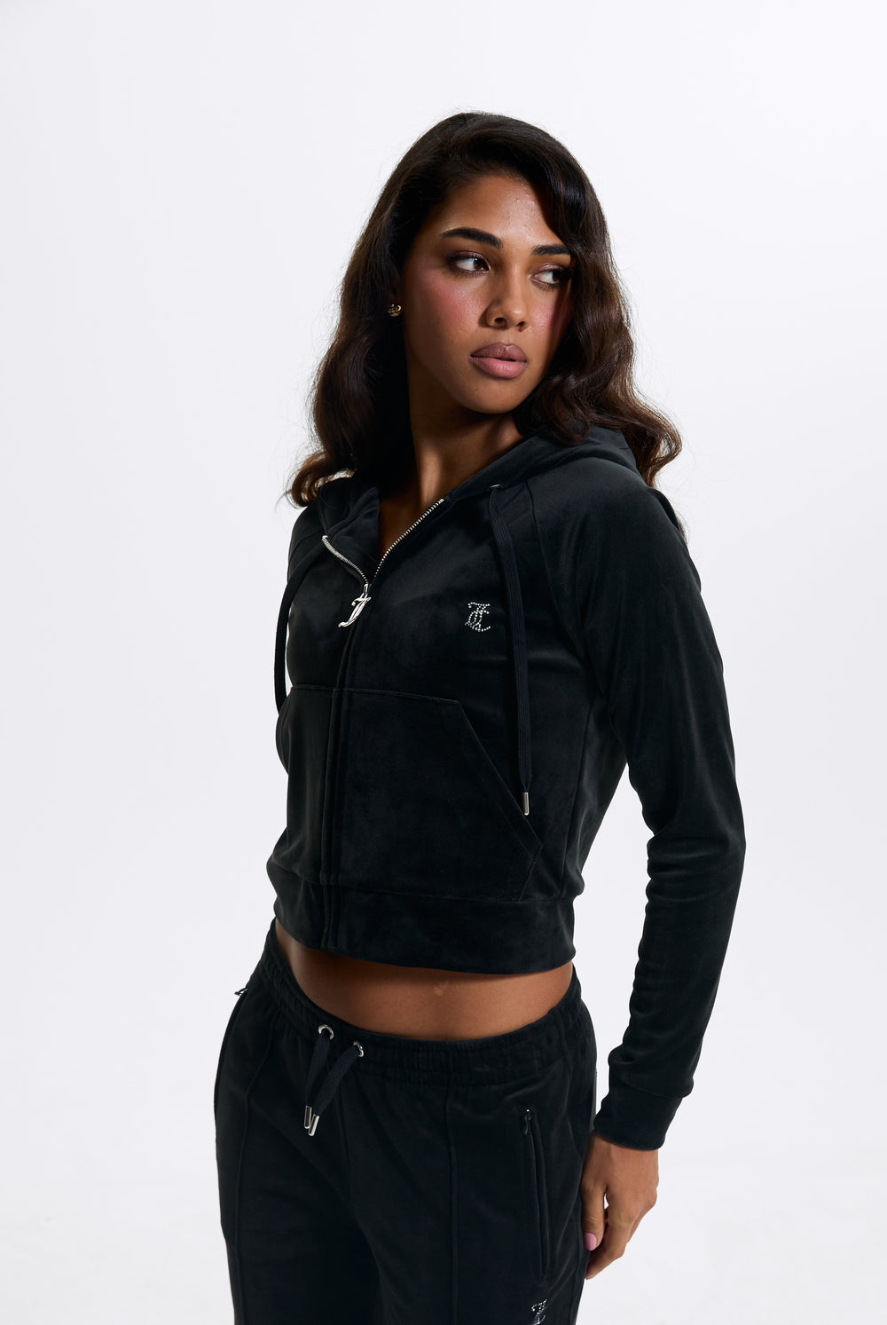 BLACK DIAMANTÉ VELOUR ZIP-THROUGH HOODIE