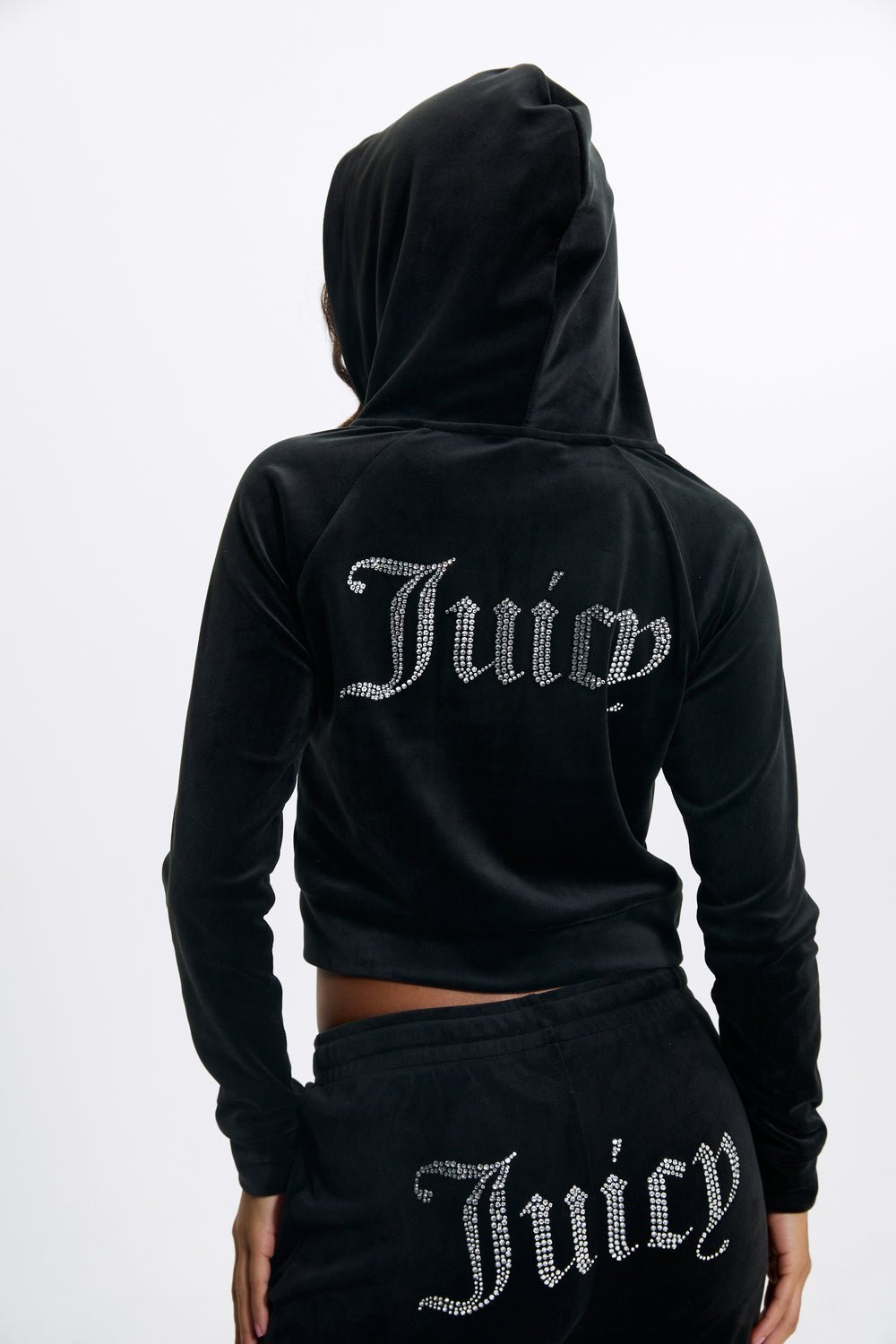BLACK DIAMANTÉ VELOUR ZIP-THROUGH HOODIE