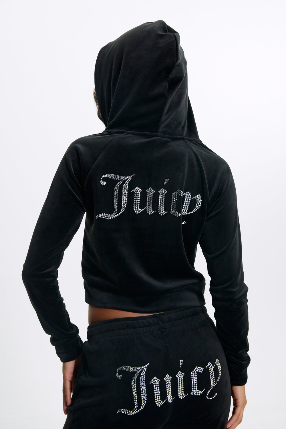 BLACK DIAMANTÉ VELOUR ZIP-THROUGH HOODIE
