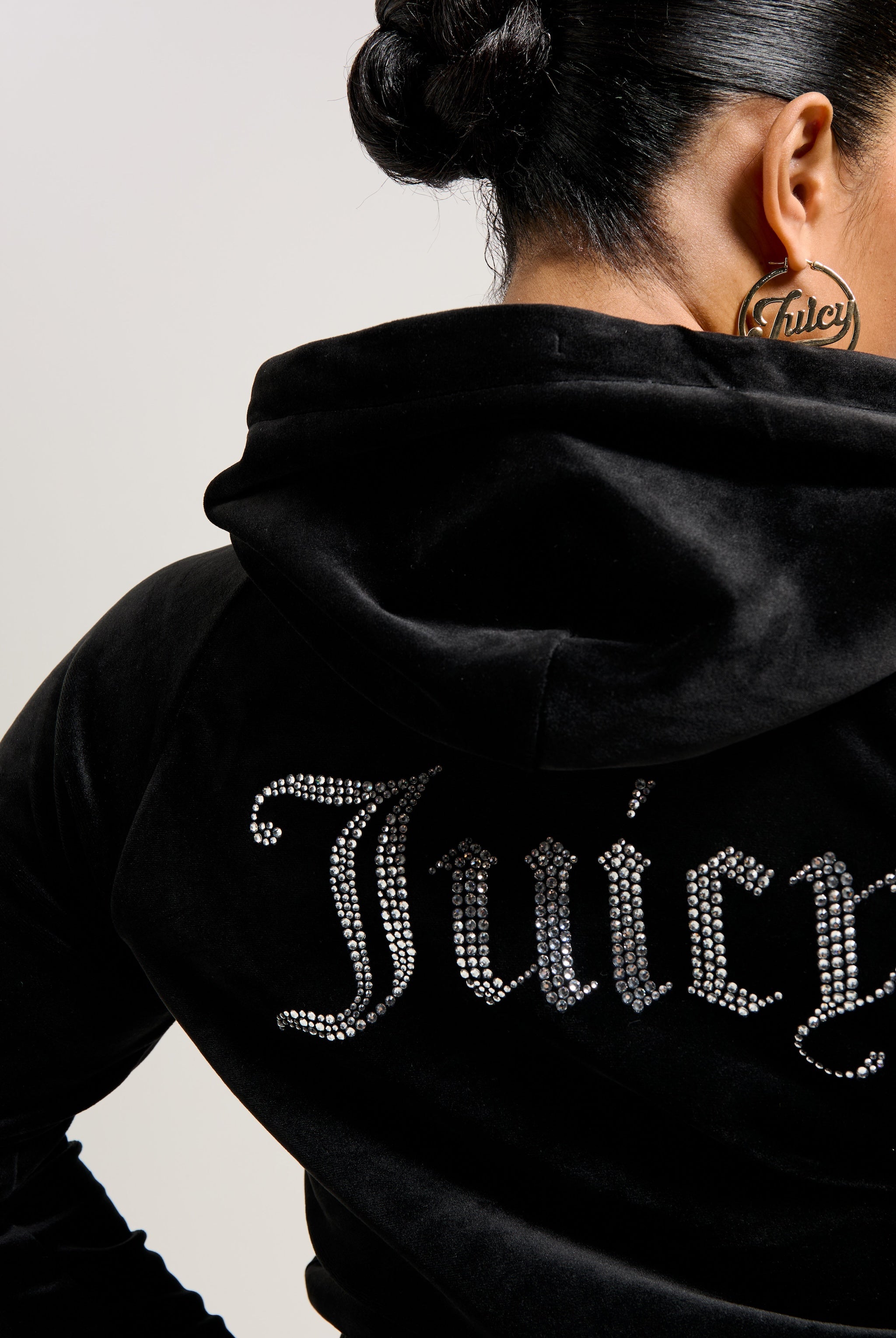 BLACK DIAMANTE VELOUR ZIP THROUGH HOODIE