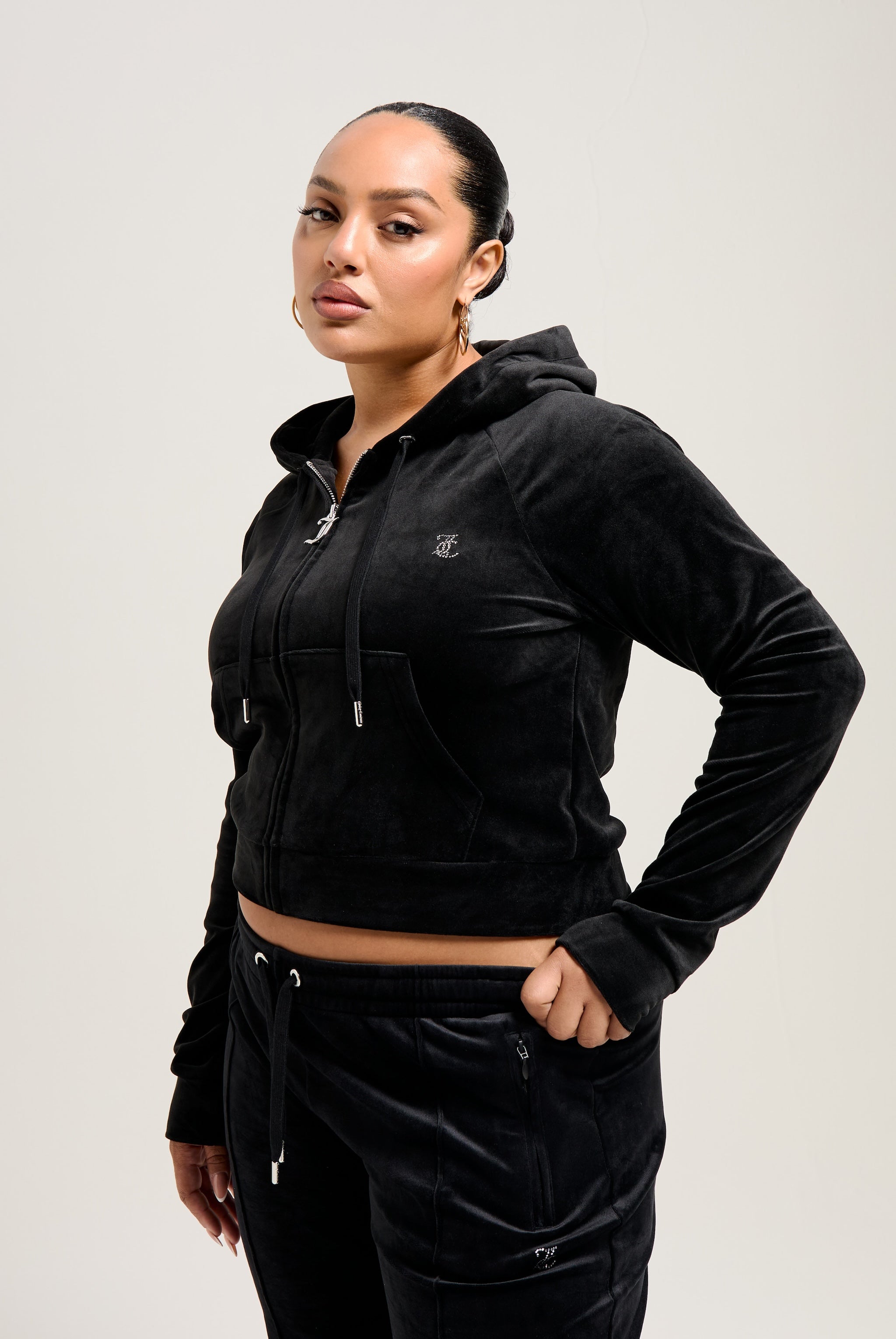 BLACK DIAMANTE VELOUR ZIP THROUGH HOODIE