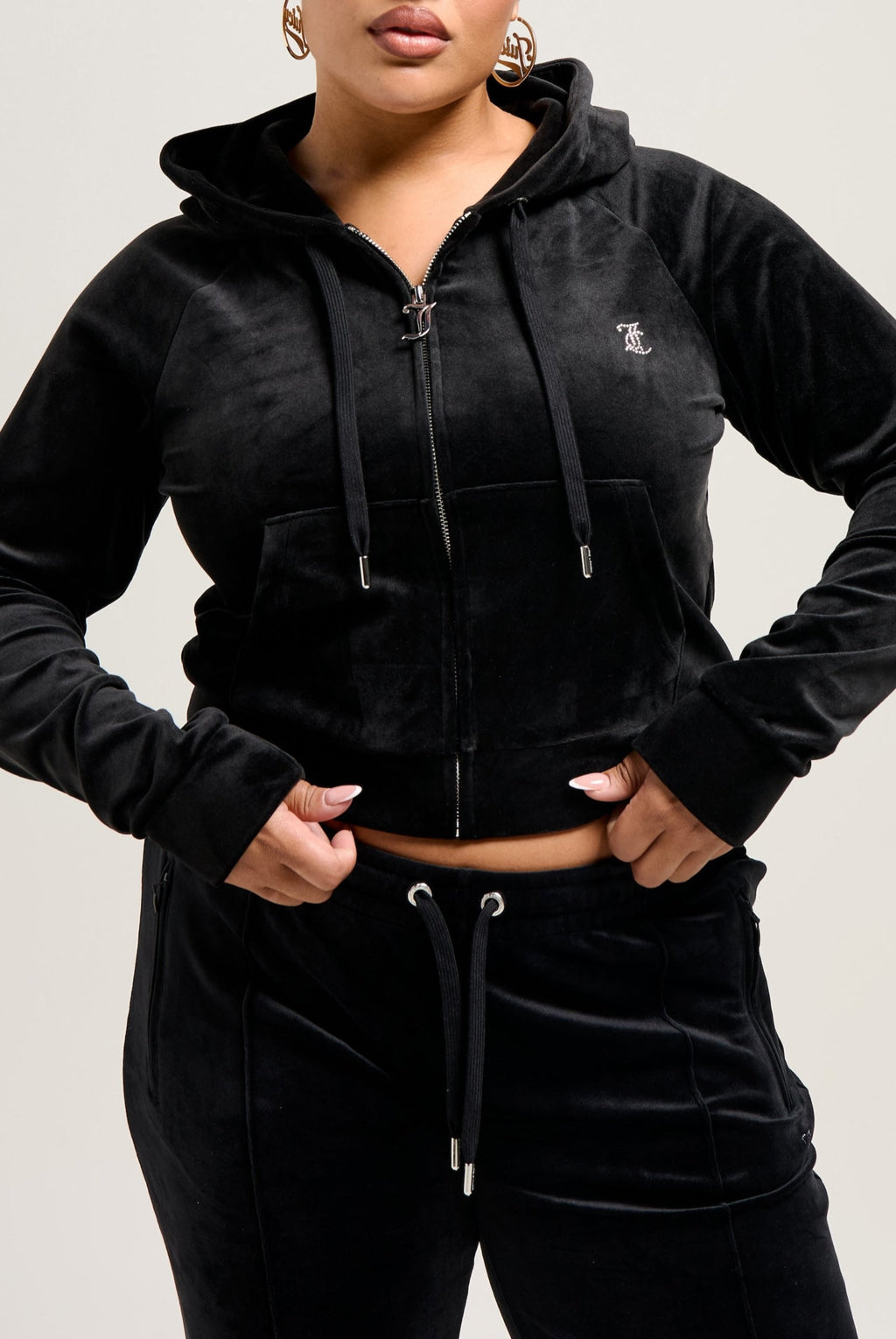 BLACK DIAMANTÉ VELOUR ZIP-THROUGH HOODIE