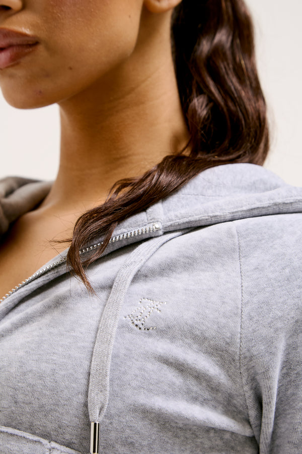 SILVER MARL DIAMANTÉ VELOUR ZIP-THROUGH HOODIE