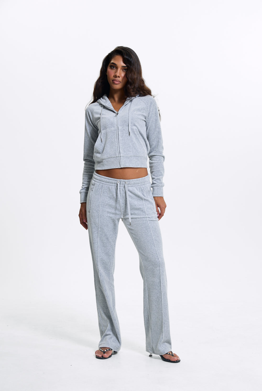 SILVER MARL DIAMANTÉ COTTON VELOUR ZIP-THROUGH HOODIE