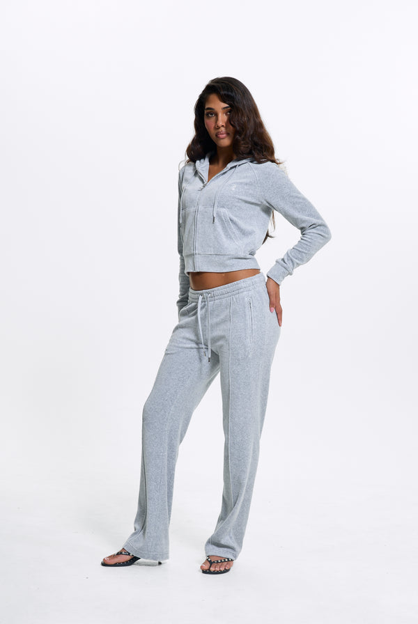 SILVER MARL DIAMANTÉ COTTON VELOUR ZIP-THROUGH HOODIE
