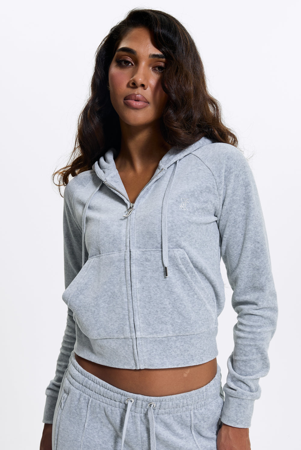 SILVER MARL COTTON VELOUR DIAMANTÉ TRACKSUIT BOTTOM
