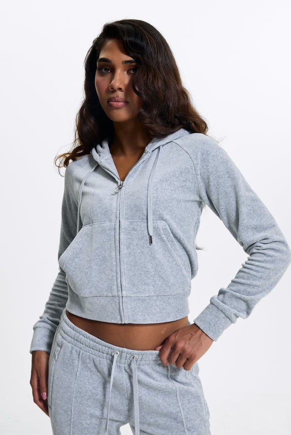 SILVER MARL DIAMANTÉ COTTON VELOUR ZIP-THROUGH HOODIE