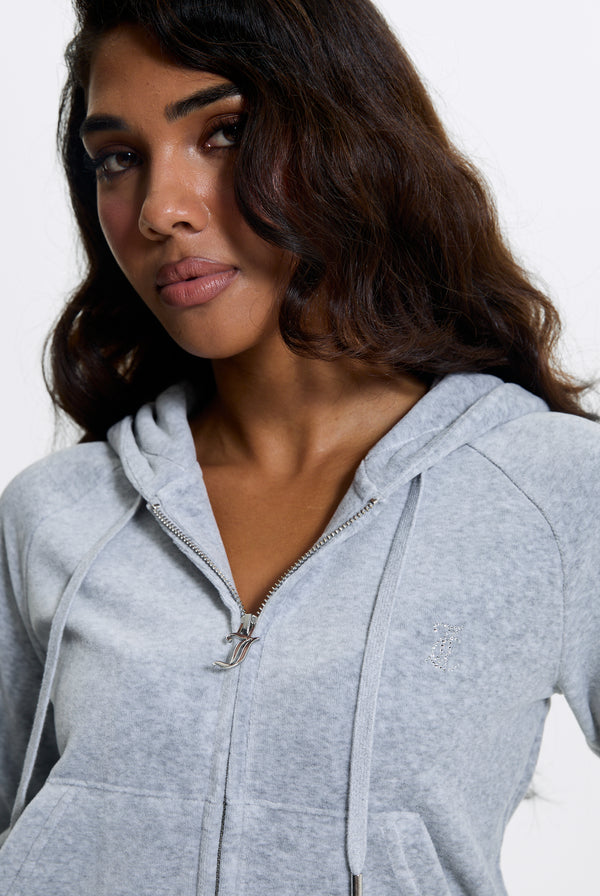 SILVER MARL DIAMANTÉ COTTON VELOUR ZIP-THROUGH HOODIE